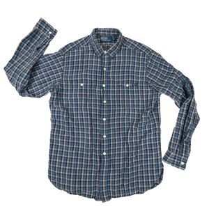 Polo Ralph Lauren Linen Blend Blue Plaid Button‎ Up Shirt size Large